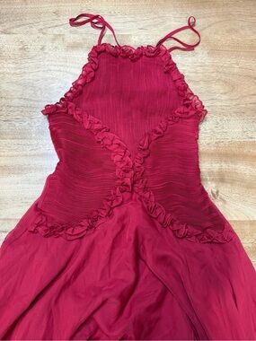 ANEWSTA Red Halter Maxi Dress with Ruffle Accents Sleeveless Size M